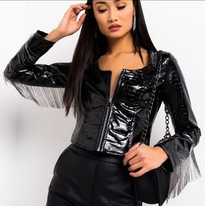 AKIRA faux crocodile beaded chain fringe sleeves waist jacket black size medium
